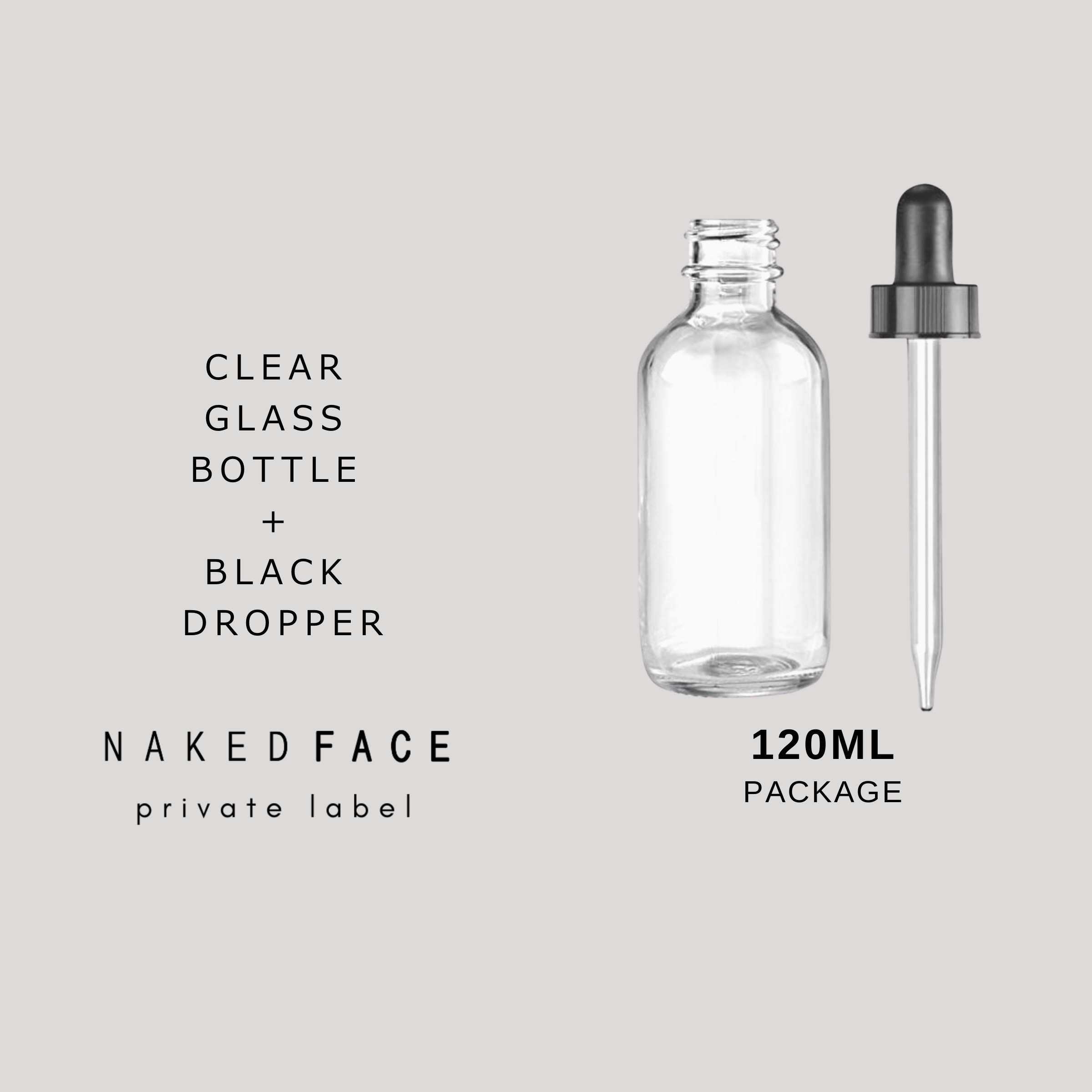 Package 100ml Clear Glass Bottle + Black Dropper